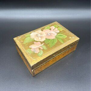 Vintage Italian Hand Painted Wood Jewelry Trinket Box Pink Flowers Gold Stash